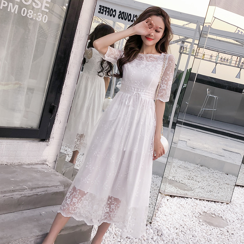 2021 Summer Lace Dress Women Long Flowy Fairy Beach Vacation Dress