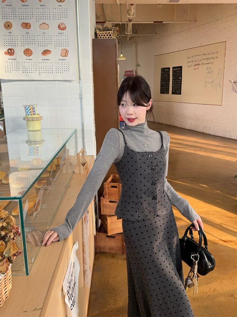 Sweet Style Three-Piece Set: Long Sleeve Top, Polka Dot Wool Cami, and Skirt