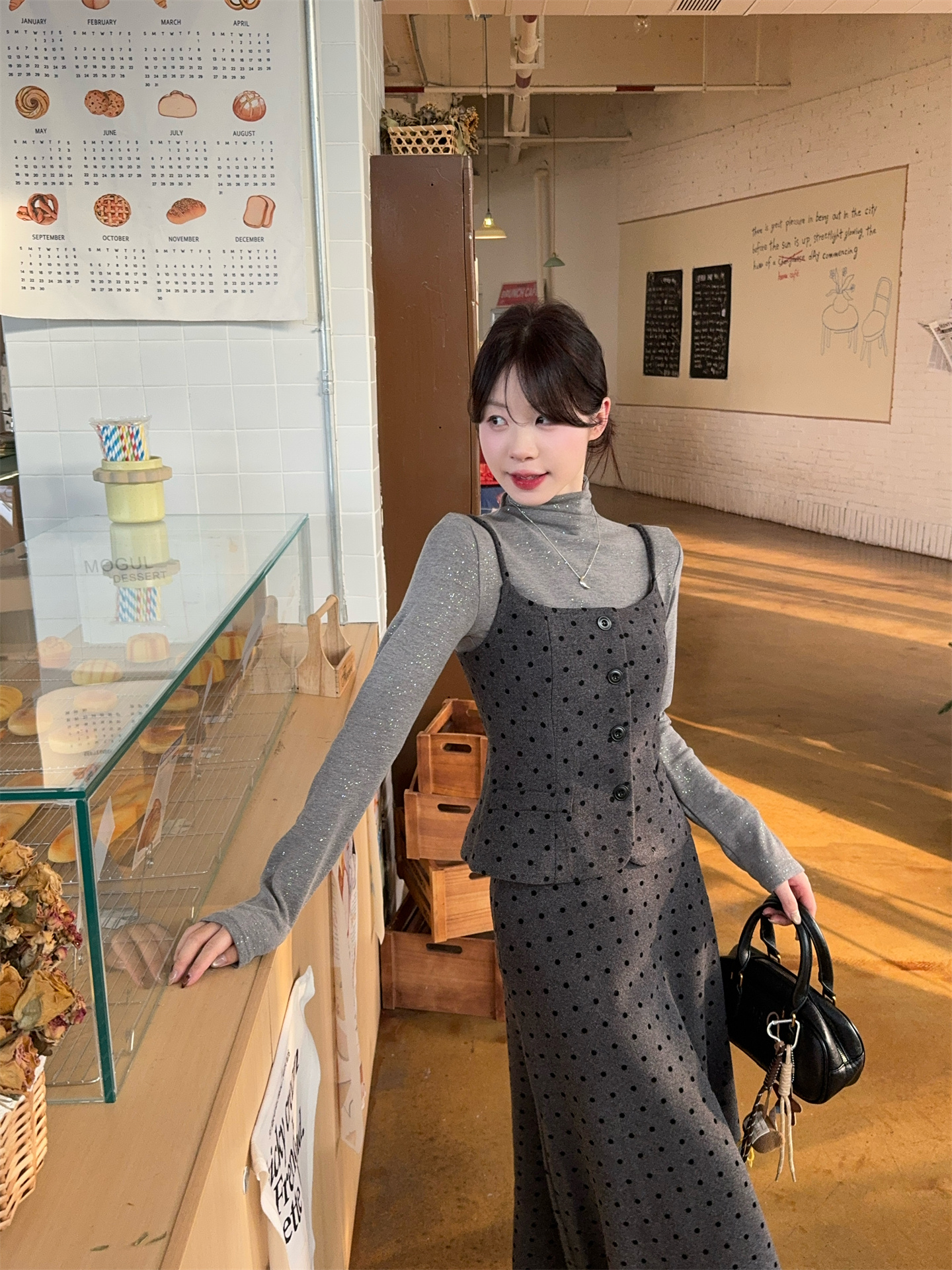 Sweet Style Three-Piece Set: Long Sleeve Top, Polka Dot Wool Cami, and Skirt