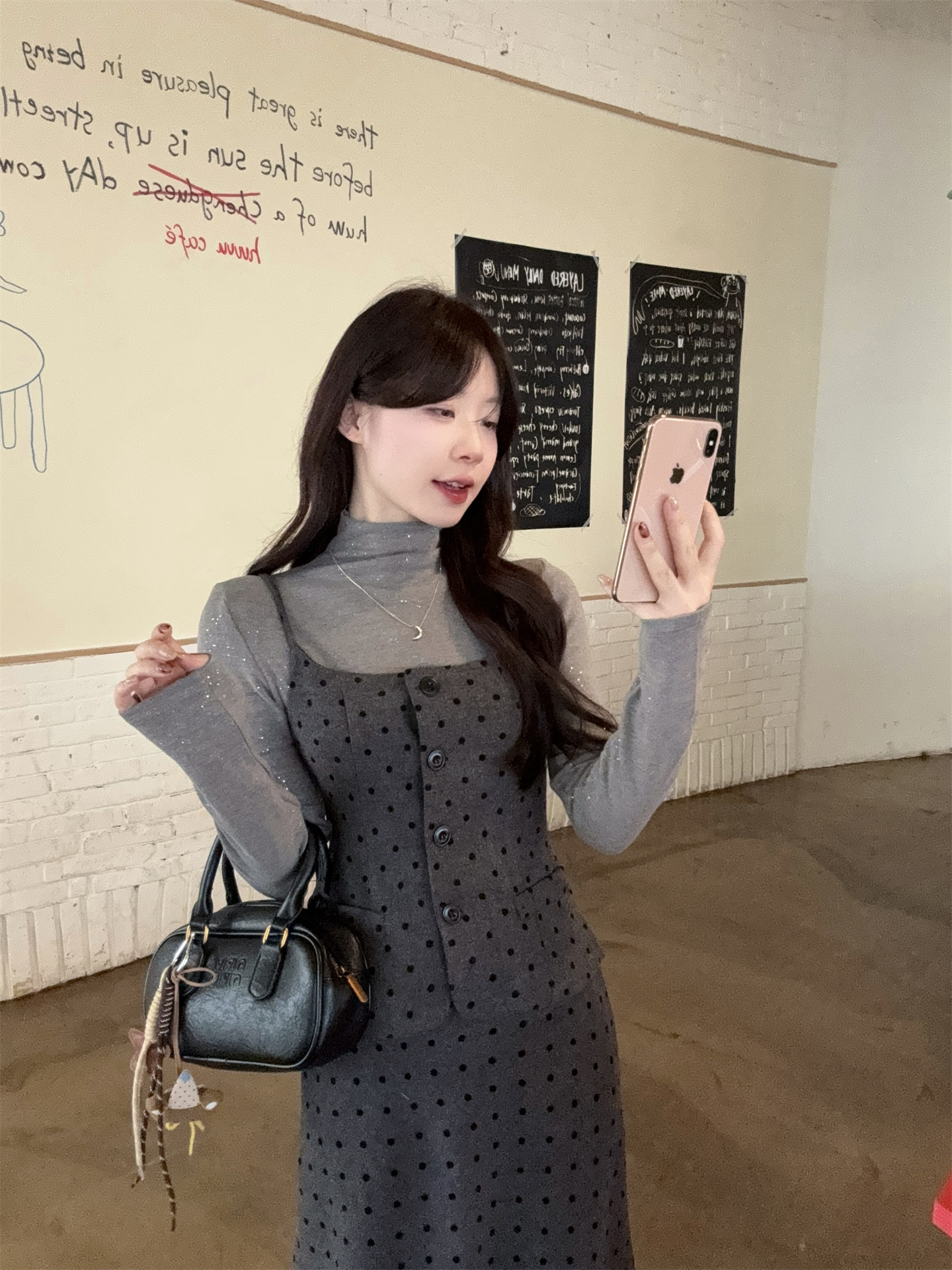 Sweet Style Three-Piece Set: Long Sleeve Top, Polka Dot Wool Cami, and Skirt - Image 3
