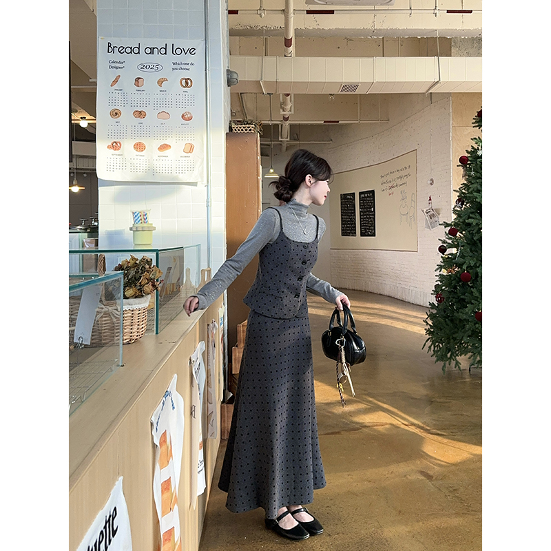 Sweet Style Three-Piece Set: Long Sleeve Top, Polka Dot Wool Cami, and Skirt - Image 5