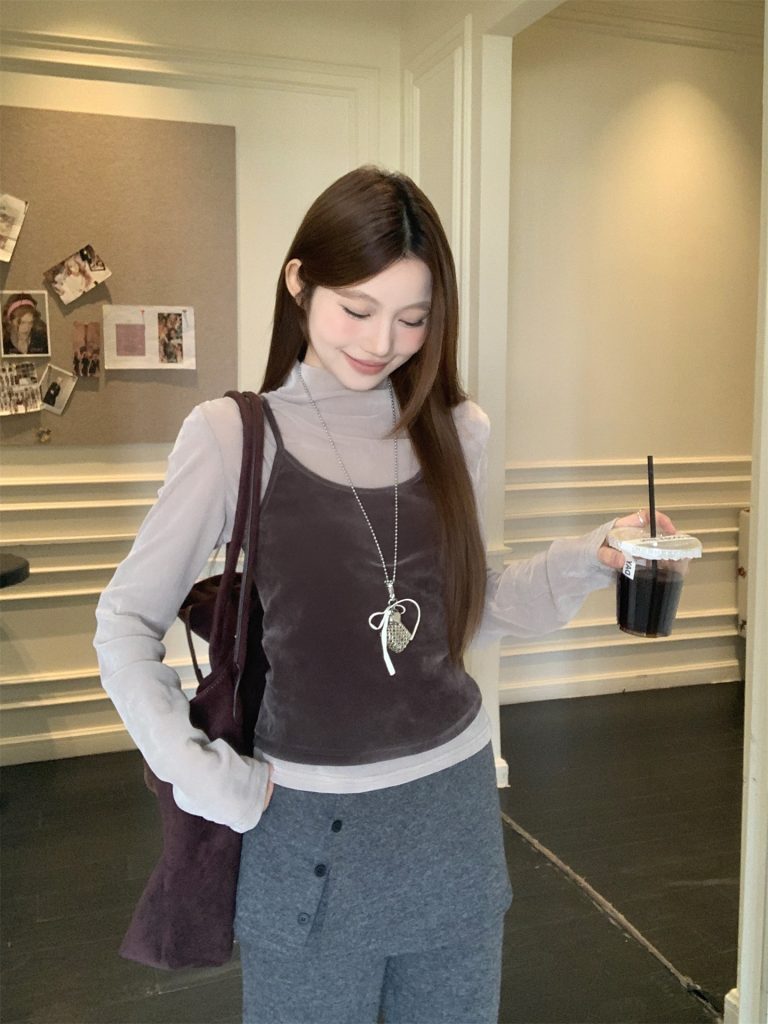 Early Spring Sweet and Spicy High Neck Velvet Base Layer and Velvet Layered Camisole Two-Piece Set