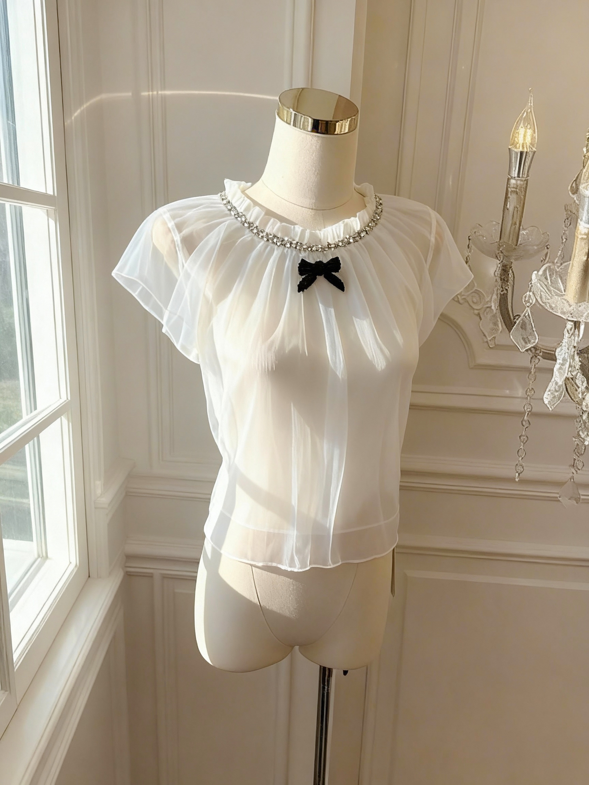 Sweet Short Sleeve Mesh Shirt with Bow Round Neck Doll Top - Image 3