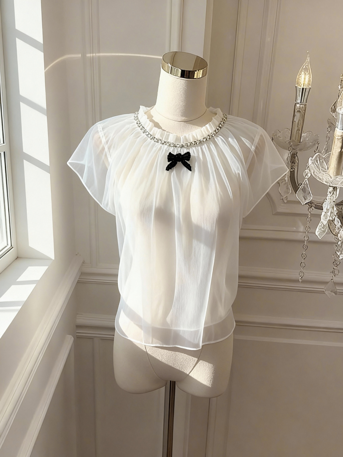 Sweet Short Sleeve Mesh Shirt with Bow Round Neck Doll Top - Image 4