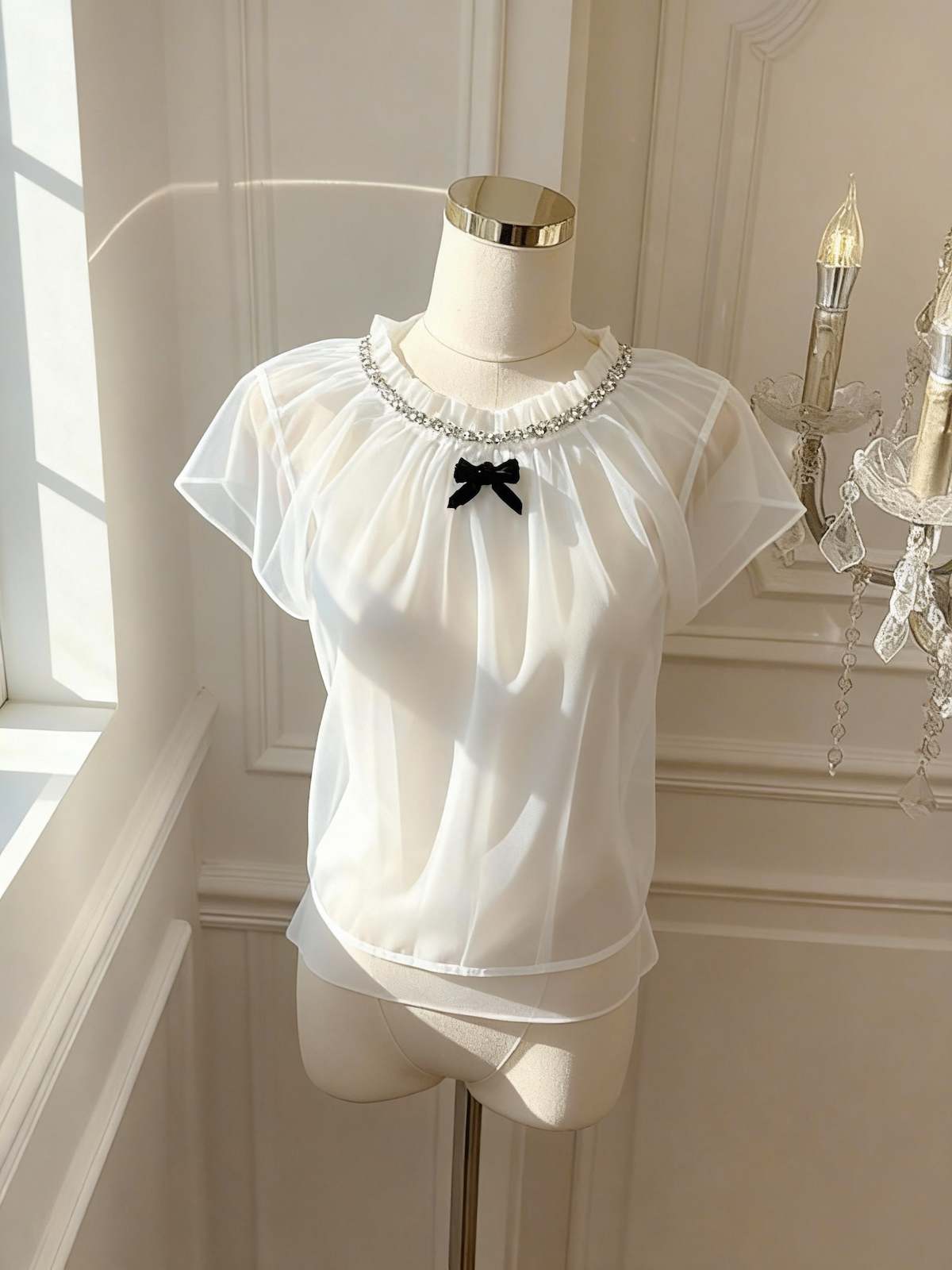 Sweet Short Sleeve Mesh Shirt with Bow Round Neck Doll Top - Image 2