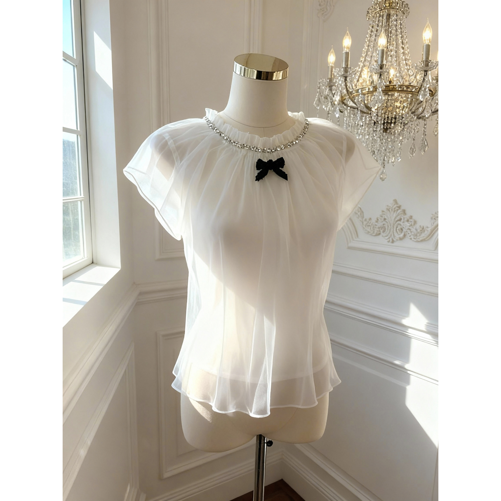Sweet Short Sleeve Mesh Shirt with Bow Round Neck Doll Top - Image 5