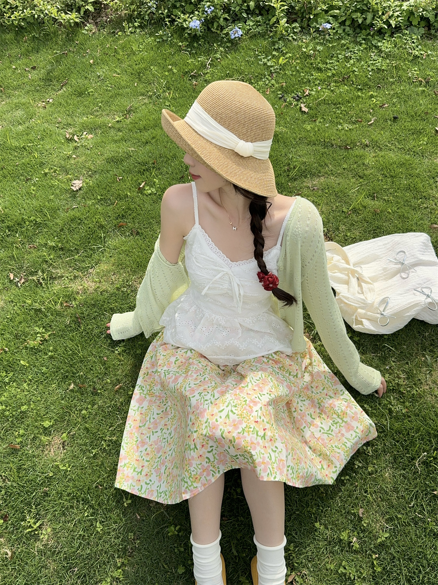 Sweet Knit Cardigan Lace Cami and Floral Skirt Three-Piece Set - Image 2