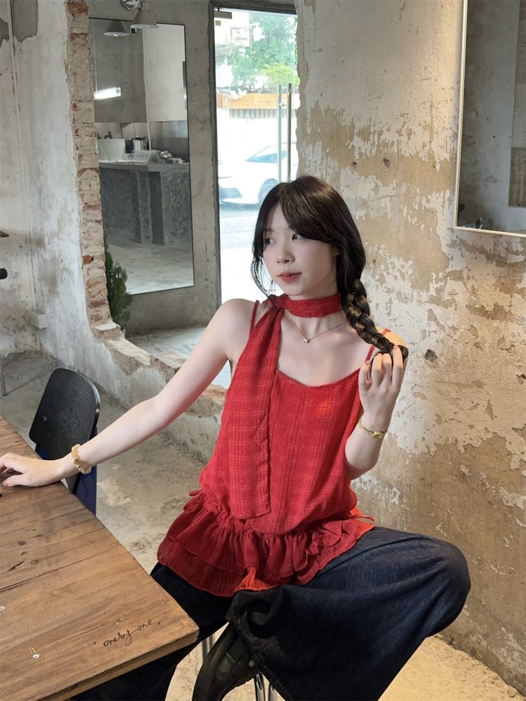 Sweet Ruffled Camisole Tank Top with Ribbon Accent