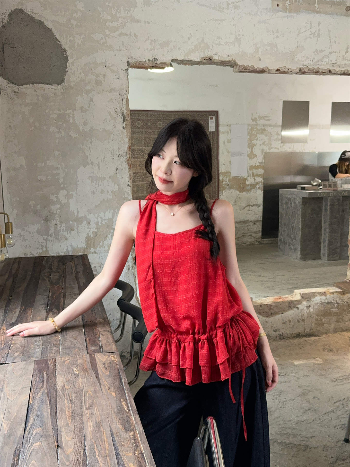 Sweet Ruffled Camisole Tank Top with Ribbon Accent - Image 2