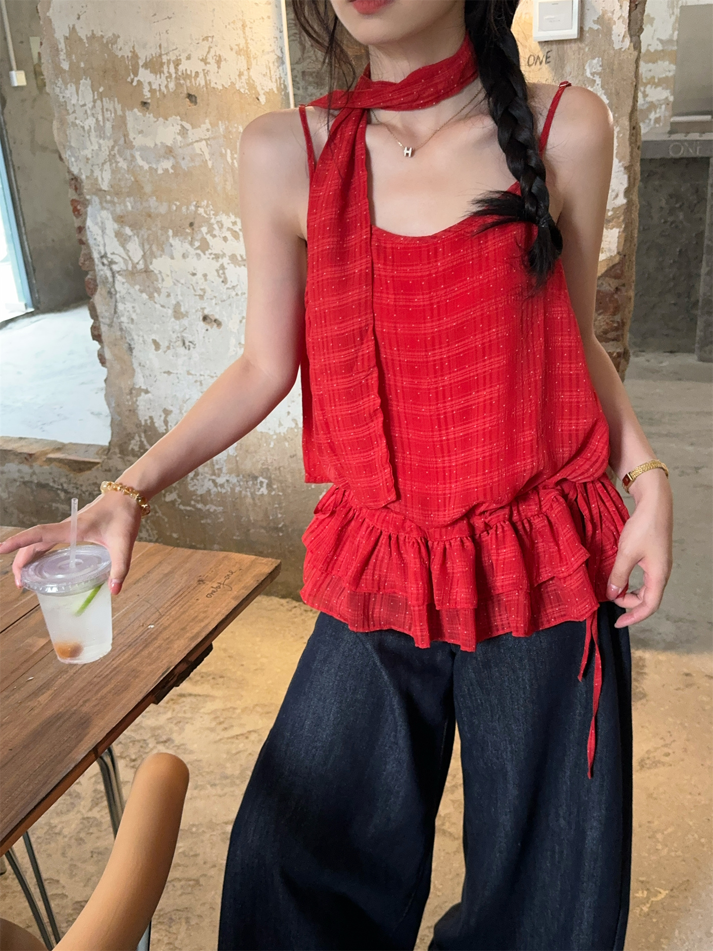 Sweet Ruffled Camisole Tank Top with Ribbon Accent - Image 4