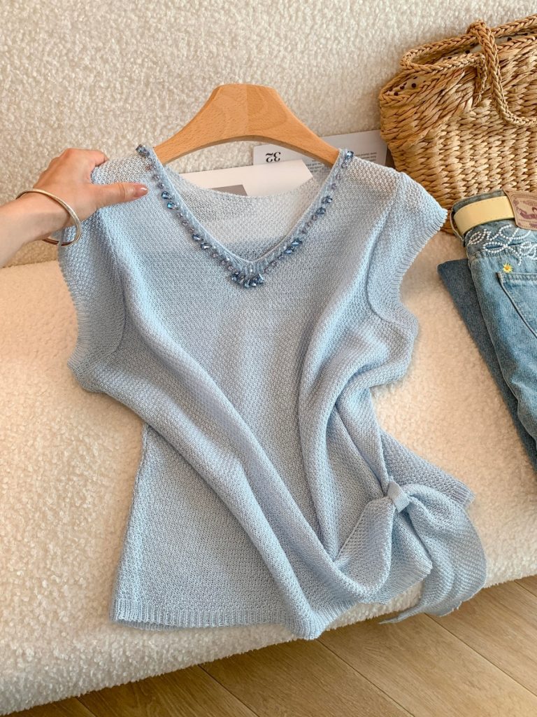 Women's French Style V-Neck Knit Top with Rhinestone Detail and Tie