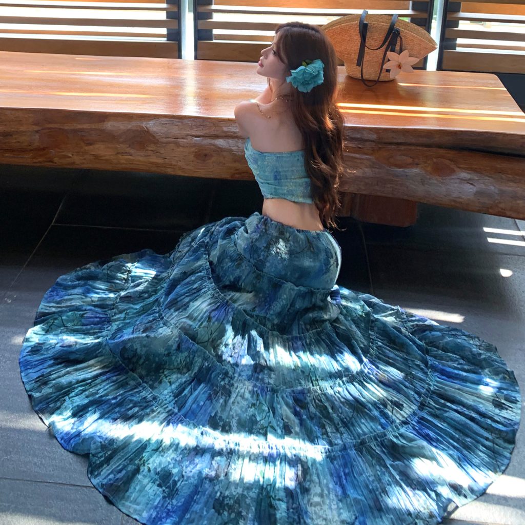 Blue Lotus Ethnic Style Ruched Tube Top and Tie-Dye Maxi Skirt Set