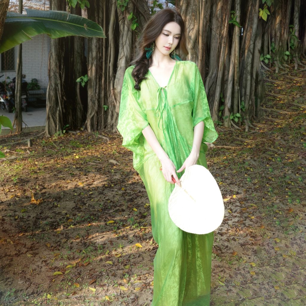 Lazy Style Romantic Green Long Dress Summer New Lightweight Sheer Vacation Beach Dress