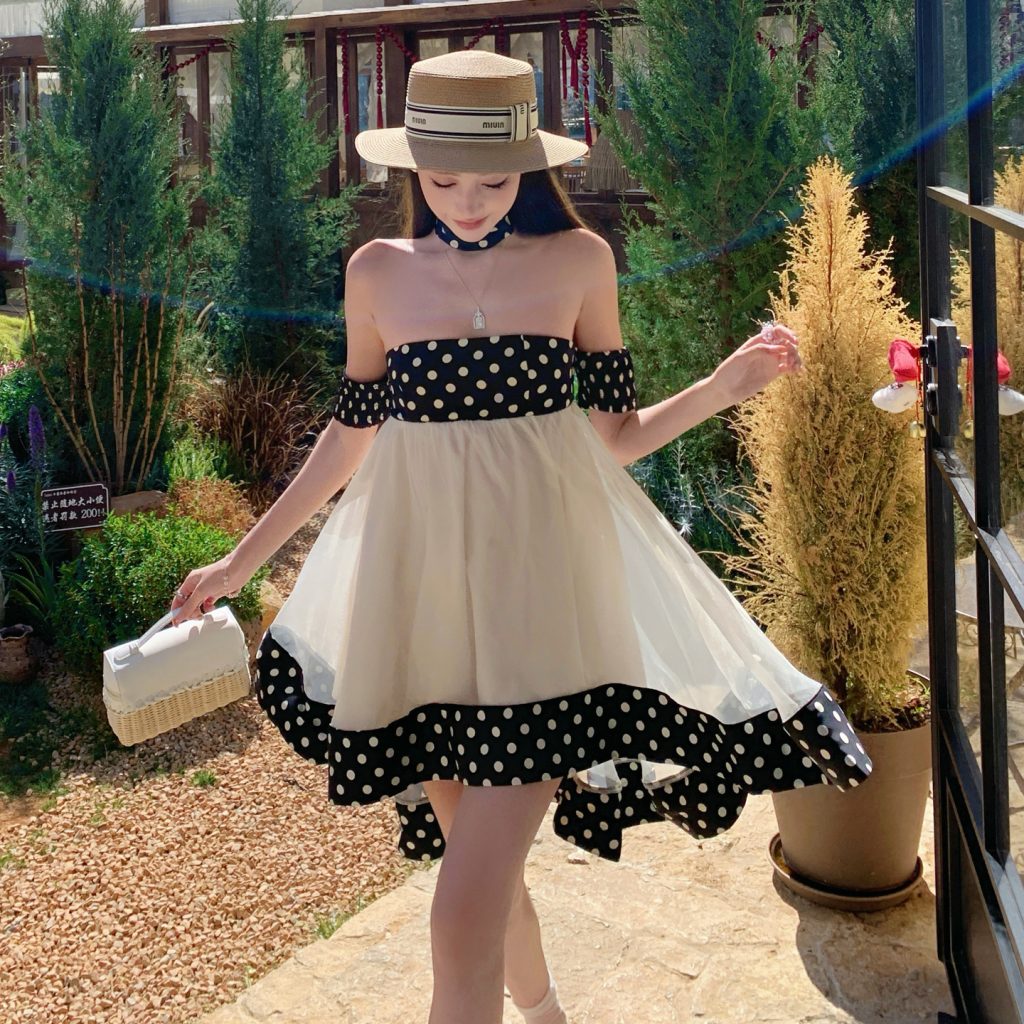 French Retro Polka Dot Strapless Dress Women Spring Summer Mesh Short Dress