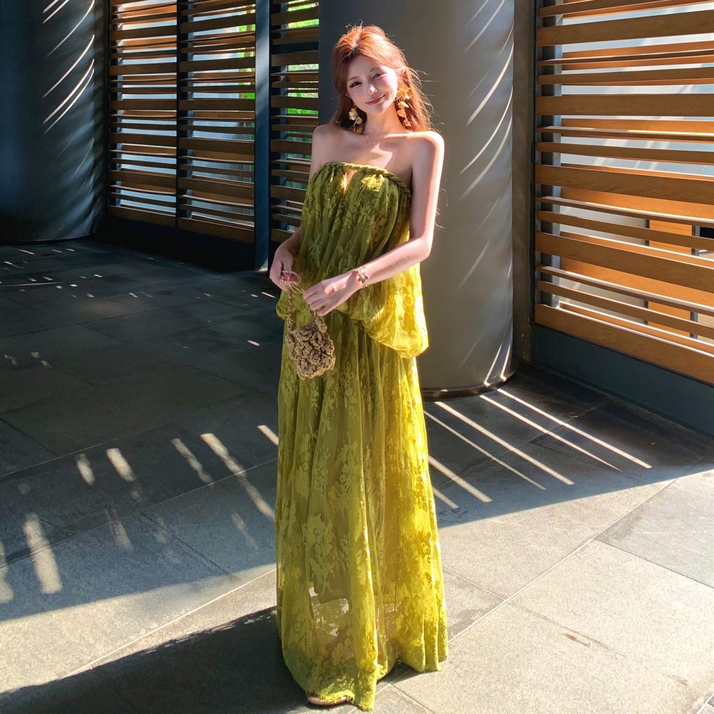Yellow-Green Off-Shoulder Lace Maxi Dress
