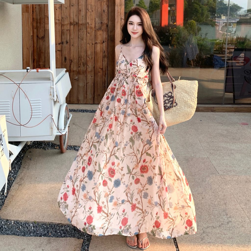Island Style Floral Cami Dress Women Summer Vacation Backless Maxi Dress