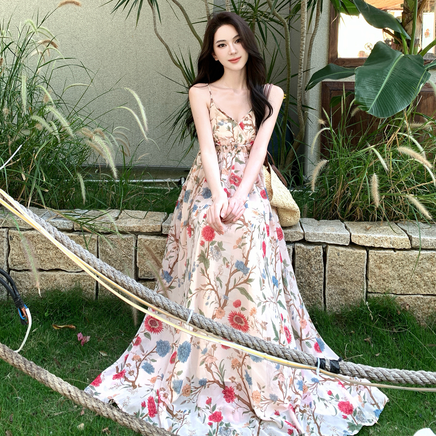 Island Style Floral Cami Dress Women Summer Vacation Backless Maxi Dress - Image 2
