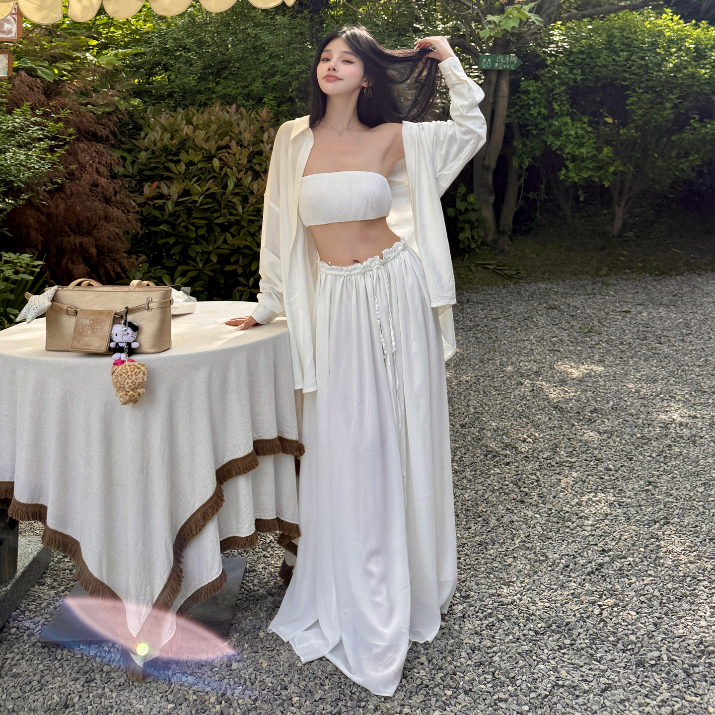 White Strapless Half Skirt Set Women's Low Waist Long Dress Vacation Three Piece Set - Image 4