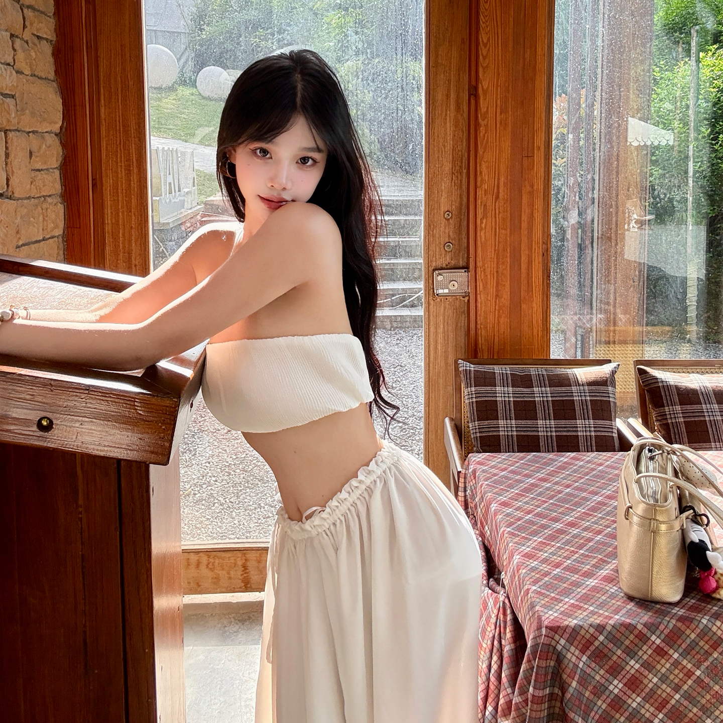 White Strapless Half Skirt Set Women's Low Waist Long Dress Vacation Three Piece Set - Image 3