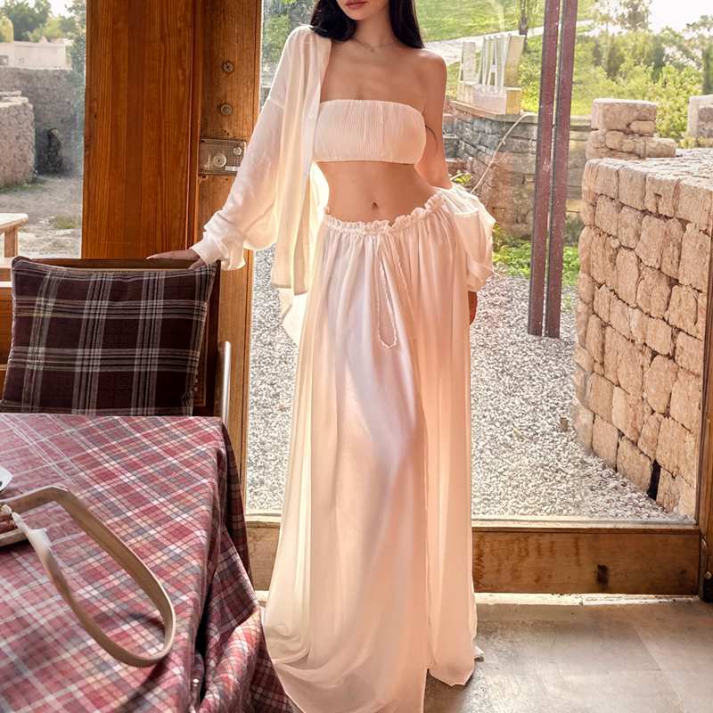 White Strapless Half Skirt Set Women's Low Waist Long Dress Vacation Three Piece Set