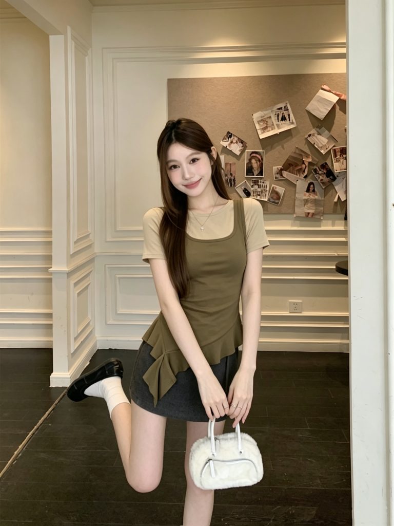 Sweet Color Block Faux Two Piece Ruffle Irregular Ribbon Short Sleeve Top