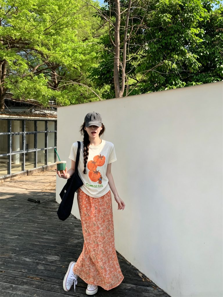 Sweet Cartoon Tomato Print Loose Short Sleeve Top and Floral A-Line Skirt Set