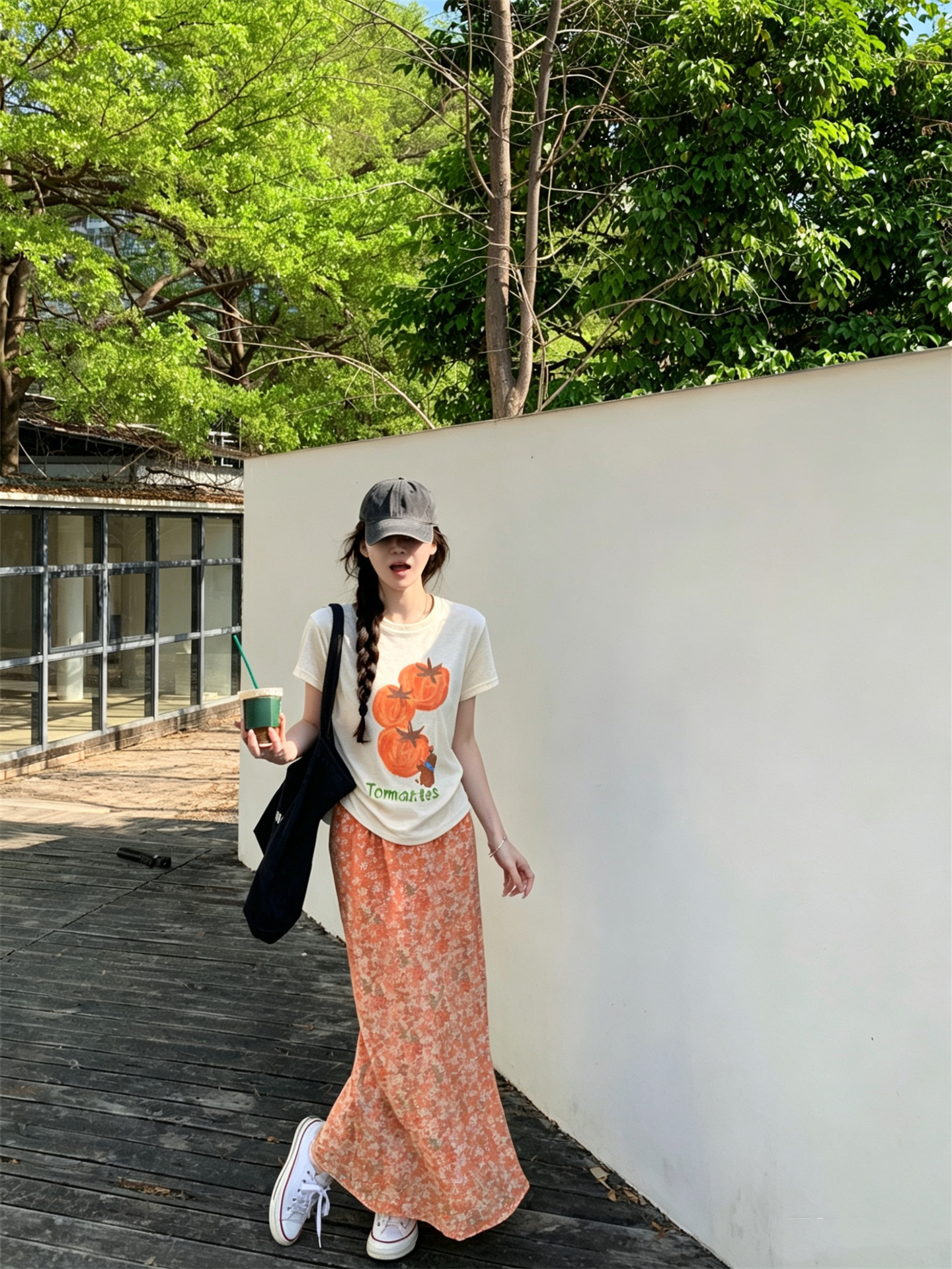 Sweet Cartoon Tomato Print Loose Short Sleeve Top and Floral A-Line Skirt Set