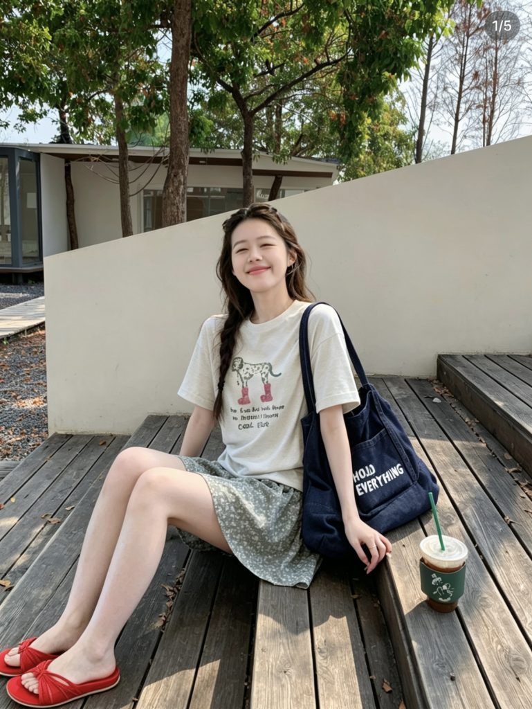 Sweet Cartoon Dog Print Short Sleeve Top and Floral A-Line Skirt Set