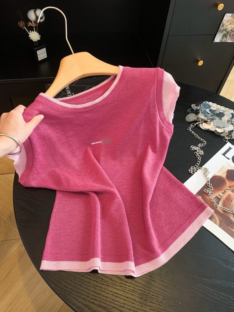 Korean Color Block Faux Two Piece Round Neck Flutter Sleeve Knit Top for Women Summer New Slimming Versatile Shirt