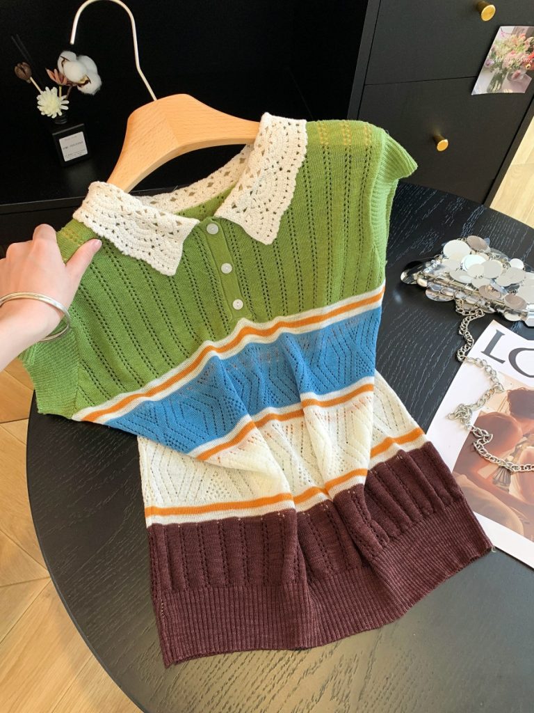 Forest Style Color Block Striped Hollow Out Collar Top with Petal Sleeves Women Summer Thin Loose Slimming Ice Silk Knit Shirt