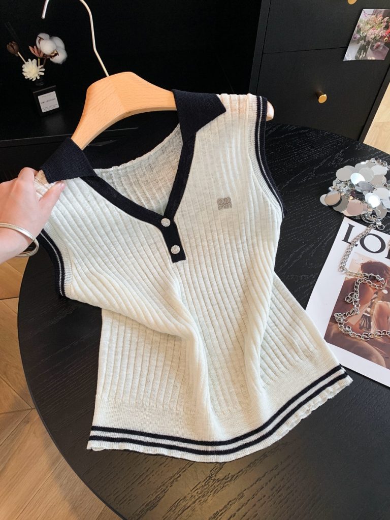 Preppy Sweet Sleeveless Polo Neck Knit Vest for Women Summer Slim Fit Top