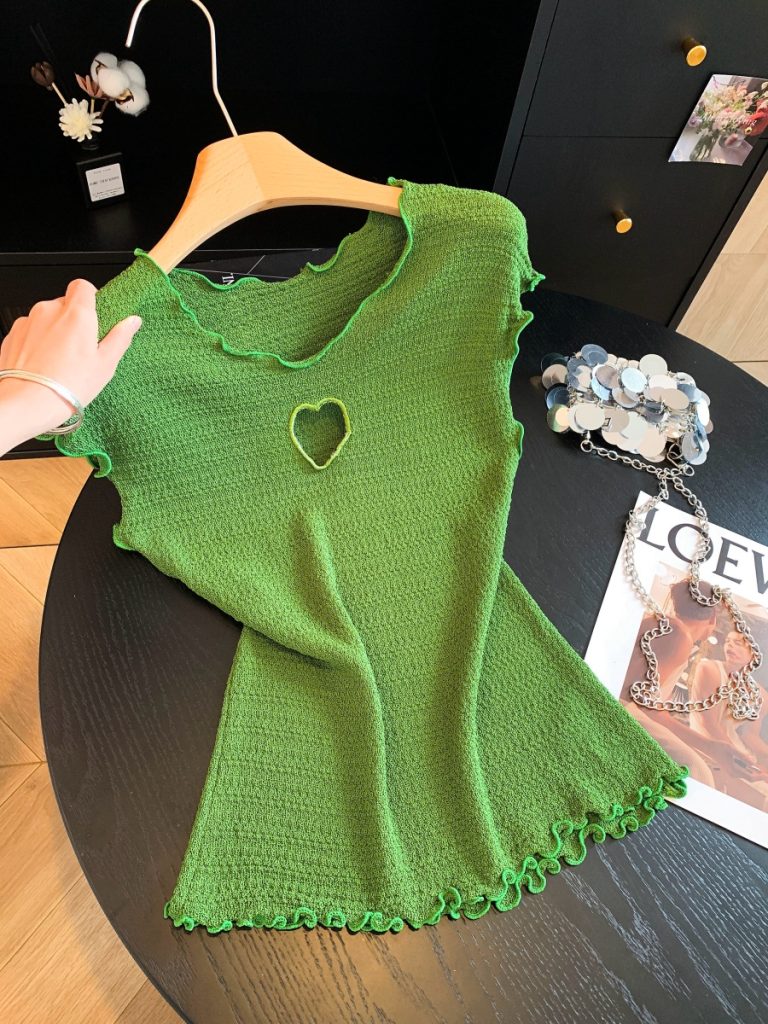 Korean Style Avocado Green Ruffle Short Sleeve Knit Top for Women Summer Heart Hollow Out Slimming Versatile Shirt