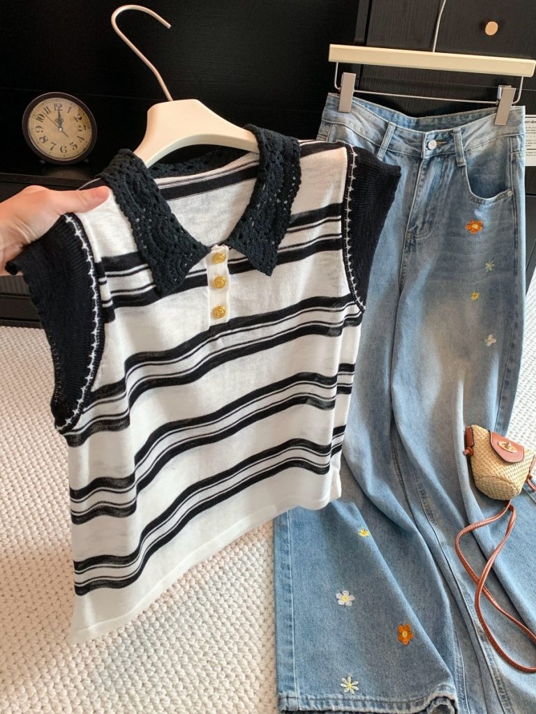 Women's Color Block Striped Pointelle Knit Top with Ruffle Trim and Peter Pan Collar