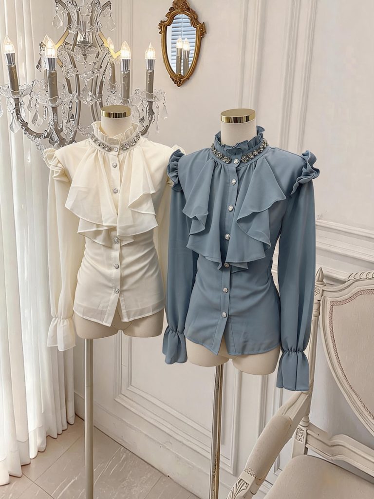 French Vintage Beaded Chiffon Blouse for Women - Style 2b3648