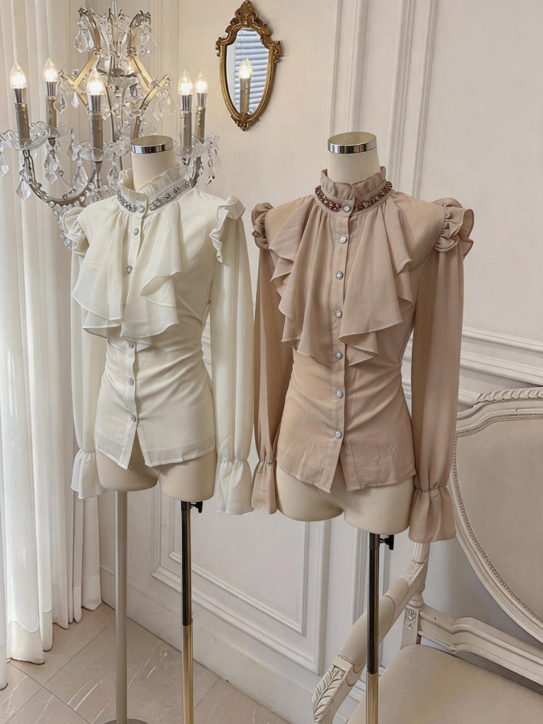 French Vintage Beaded Chiffon Blouse for Women Sweet Bubble Sleeve Top - Style 58d419
