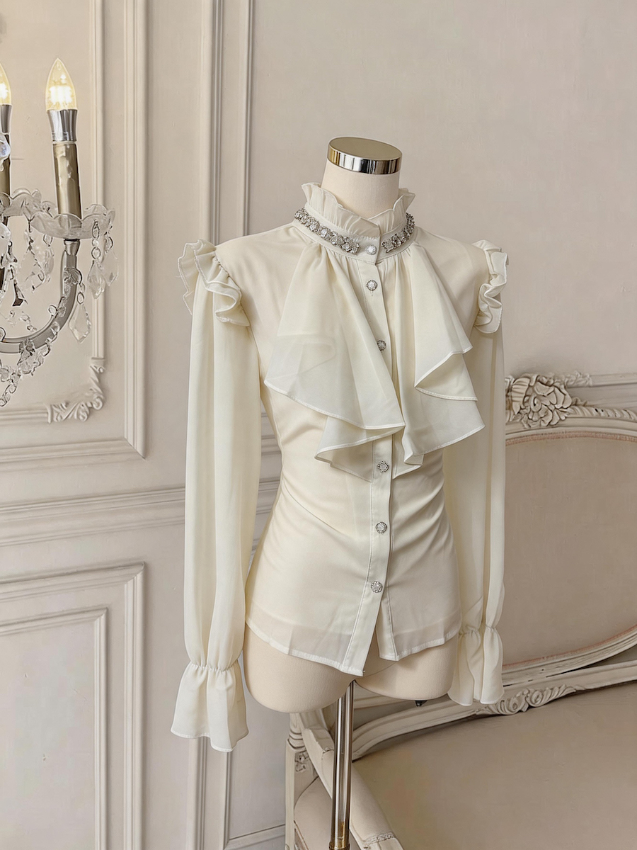 French Vintage Beaded Chiffon Blouse for Women Sweet Bubble Sleeve Top - Style 58d419 - Image 2
