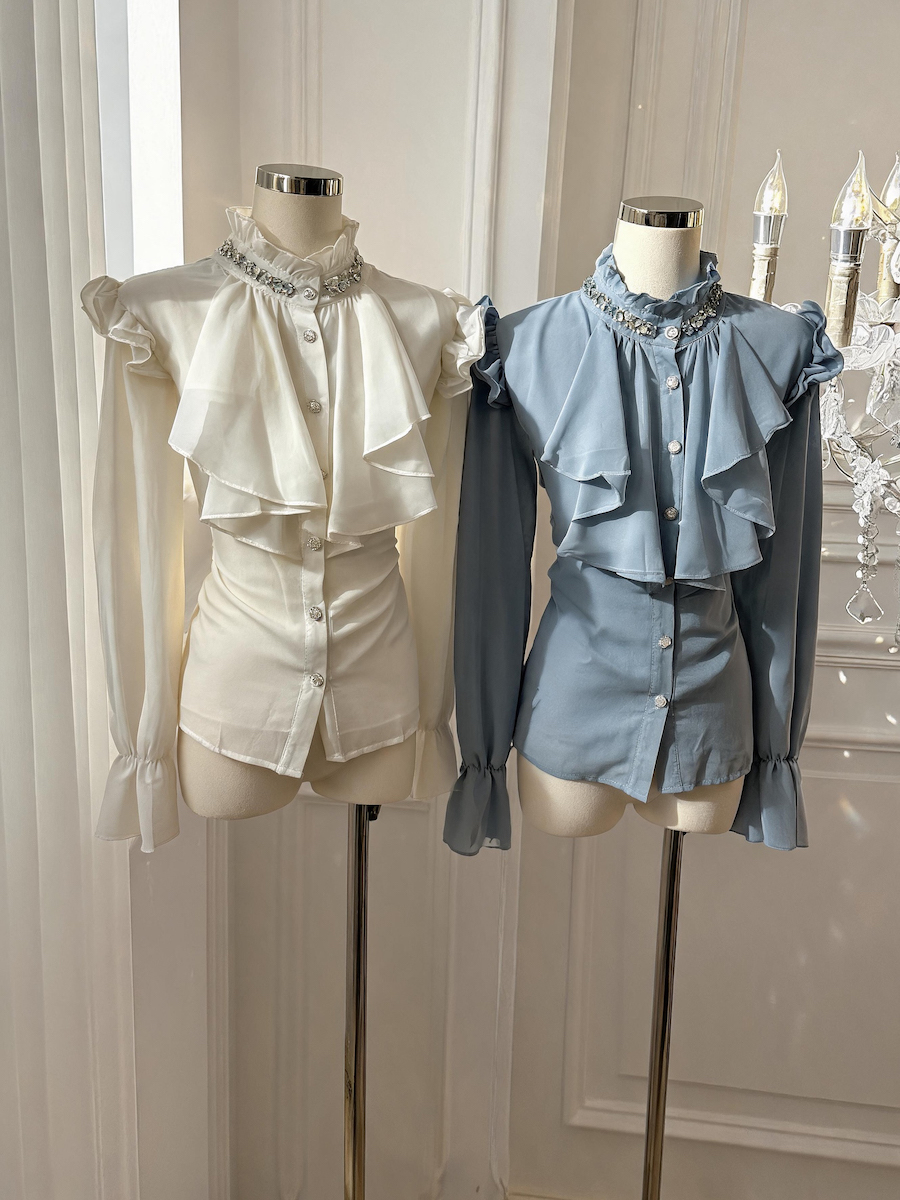 French Vintage Beaded Chiffon Blouse for Women Sweet Bubble Sleeve Top - Style 58d419 - Image 3