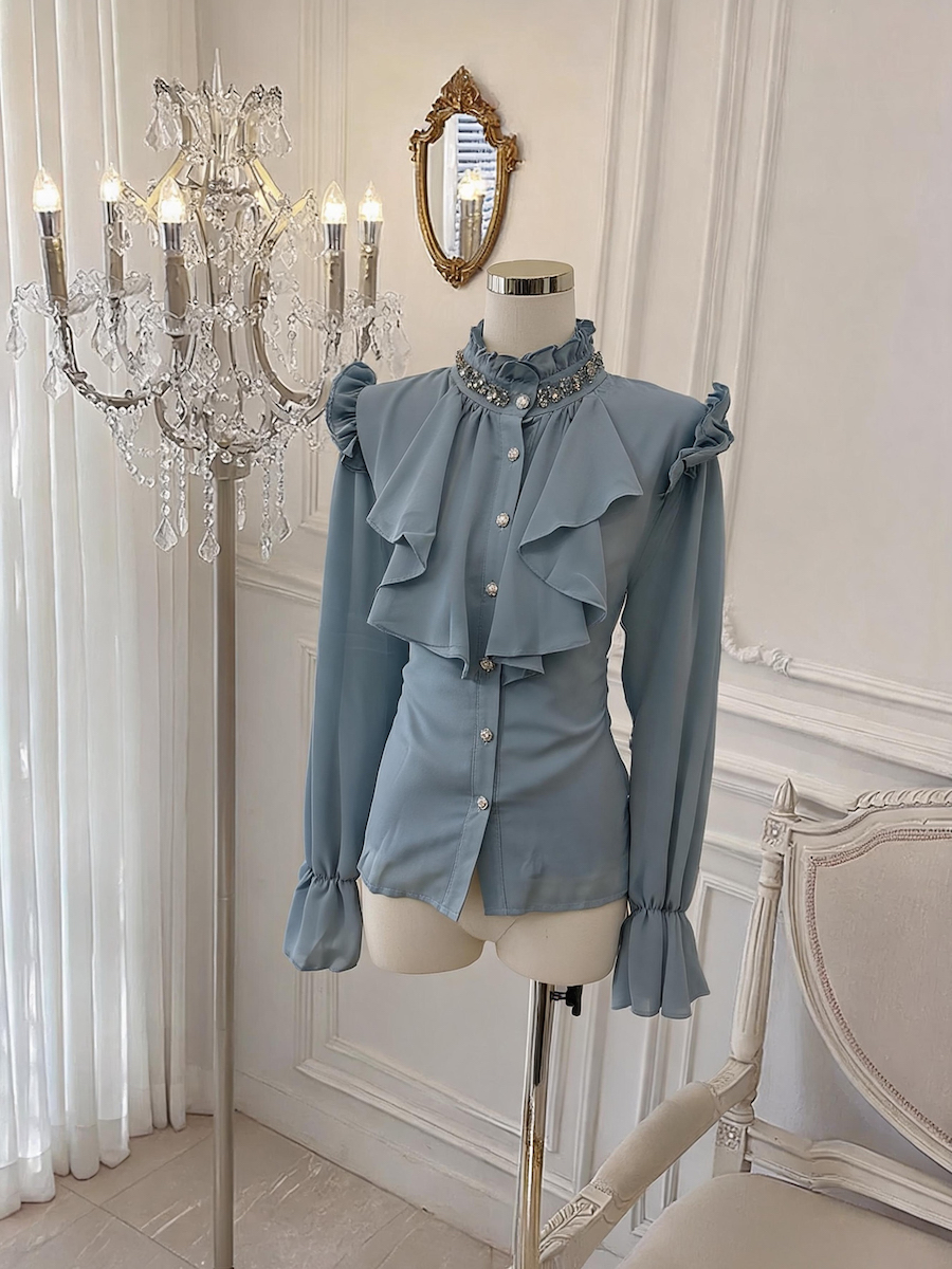 French Vintage Beaded Chiffon Blouse for Women Sweet Bubble Sleeve Top - Style 58d419 - Image 4