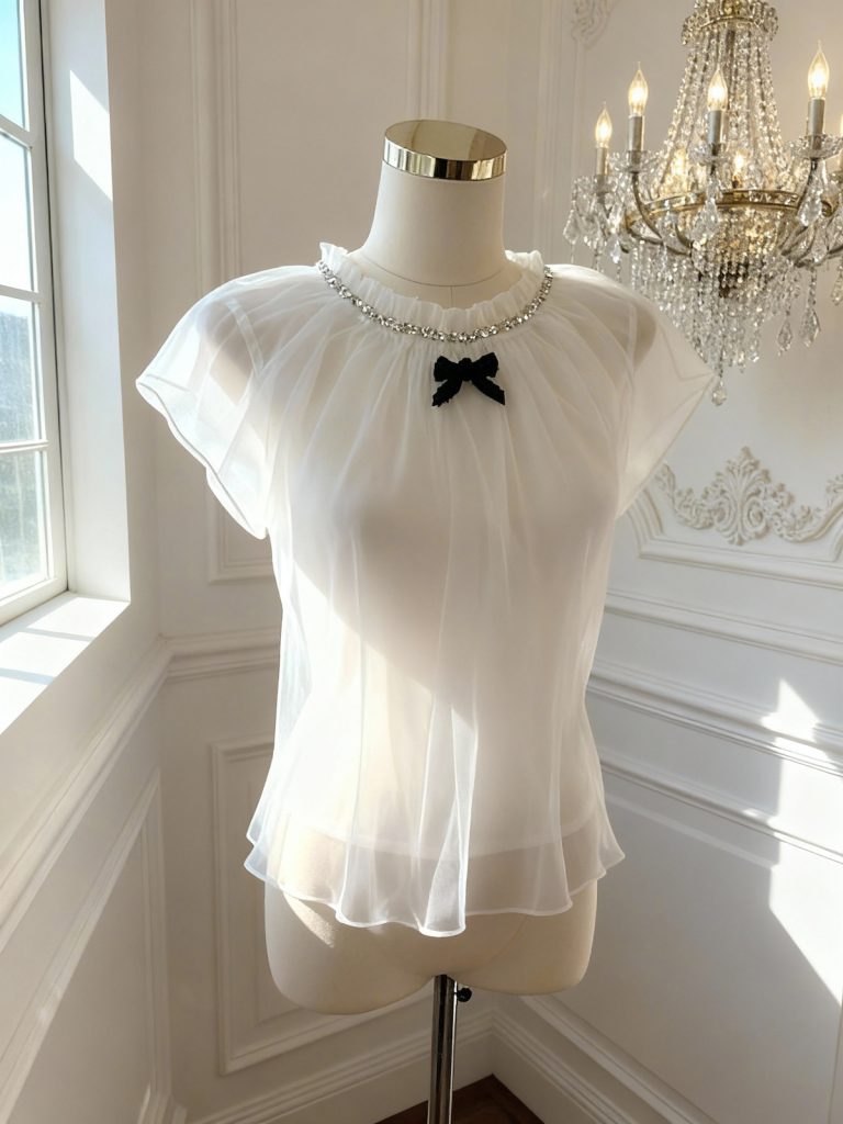 Sweet Short Sleeve Mesh Shirt with Bow Round Neck Doll Top
