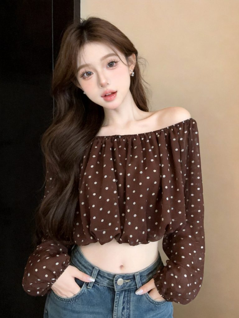 Women's Off-Shoulder Chiffon Top Summer 2026 Lantern Sleeve Crop Blouse - Style a3aee1