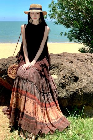 Vintage Sleeveless Ribbon Top and Printed Skirt Set