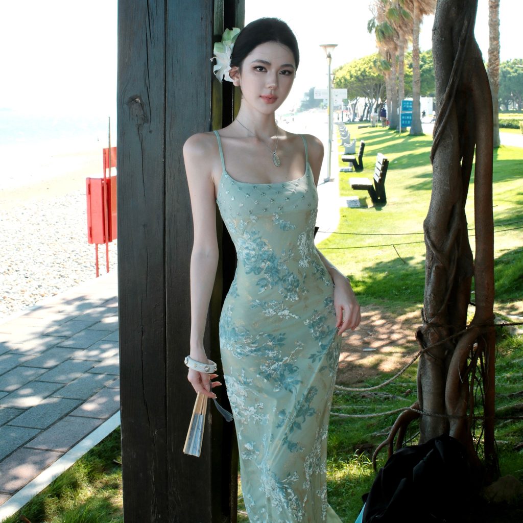New Chinese Style Long A-Line Cami Dress for Women Summer Slim Fit