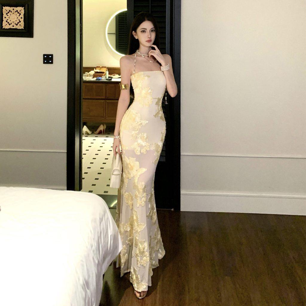 Yellow Strapless Bodycon Long Dress with 3D Embroidery for Birthday Party