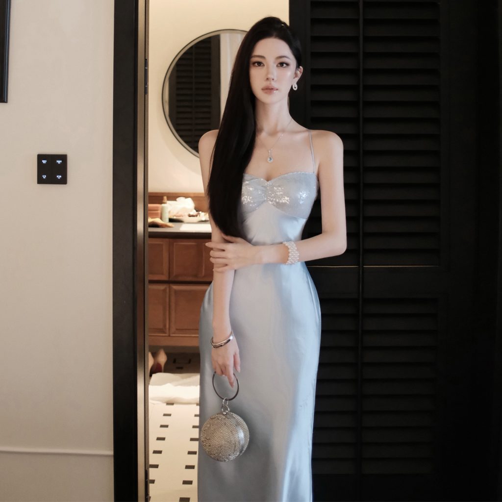 Light Blue Sequin Satin Slip Dress with Waist Cinch